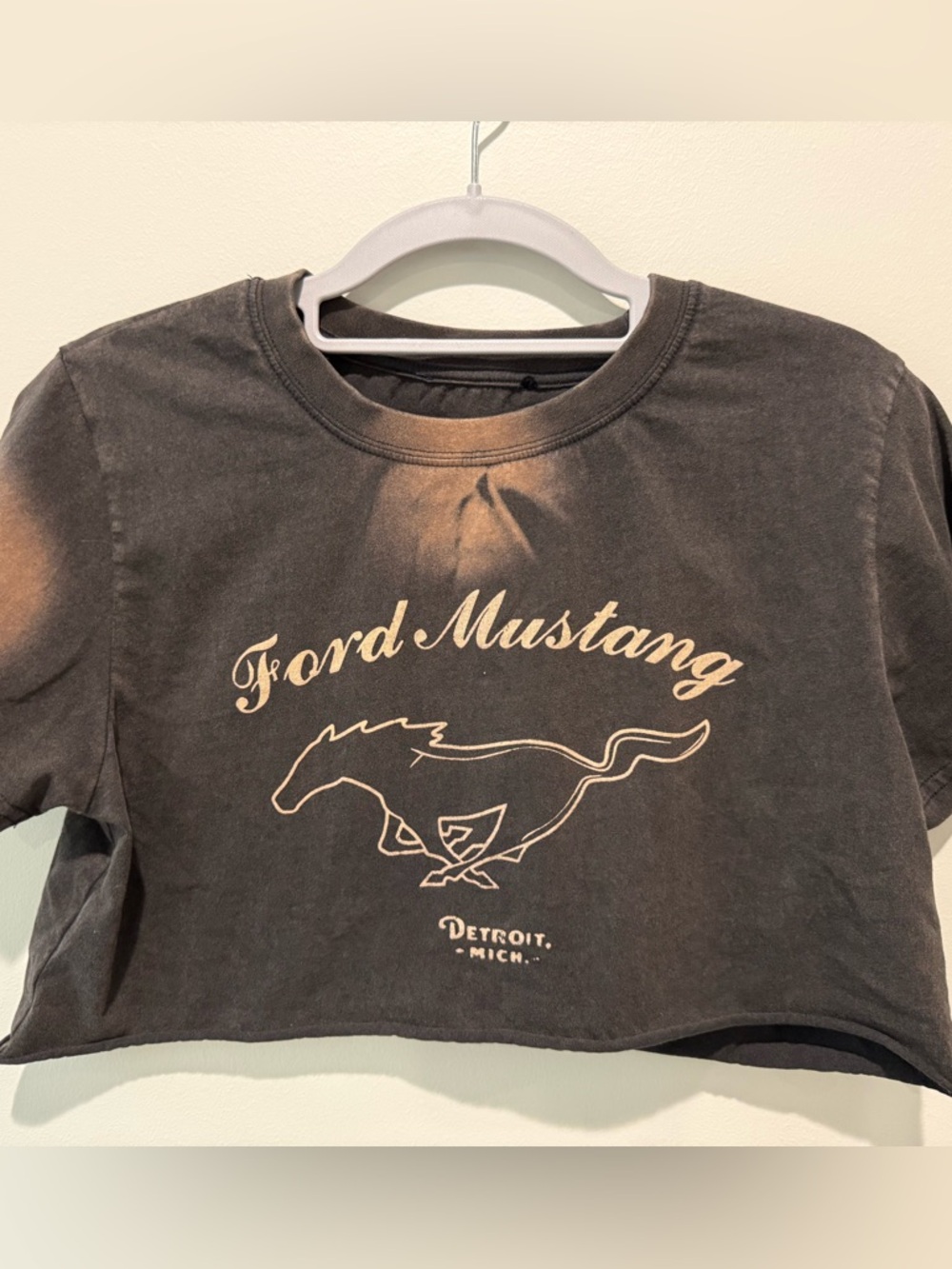 Black Bleached Ford Mustang Cropped Grunge Distressed Micro Tee XS